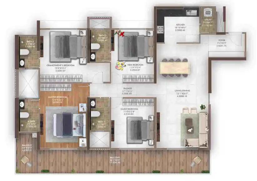 Floor Plan of a 4 Bhk Flat 